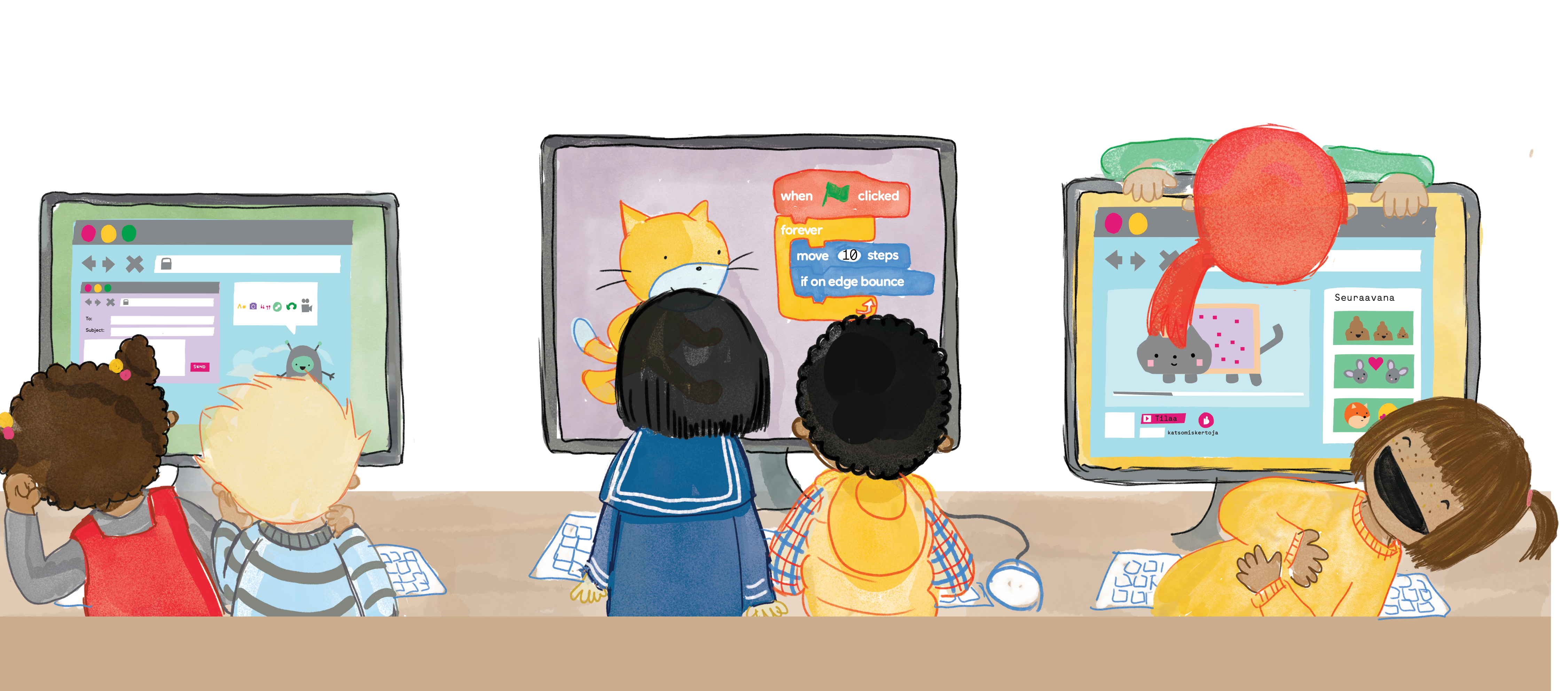 Children learning to code in a classroom with Scratch on their screens